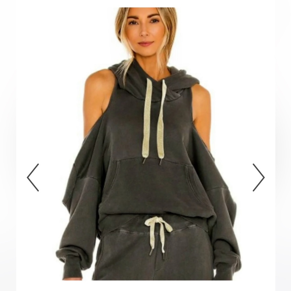 NSF | Tricia Cold Shoulder Hoodie with gray lace.